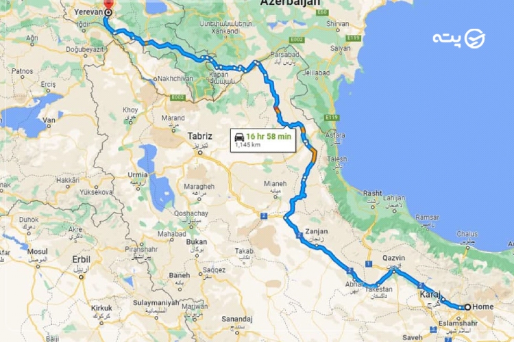 فاصله تهران تا ارمنستان 